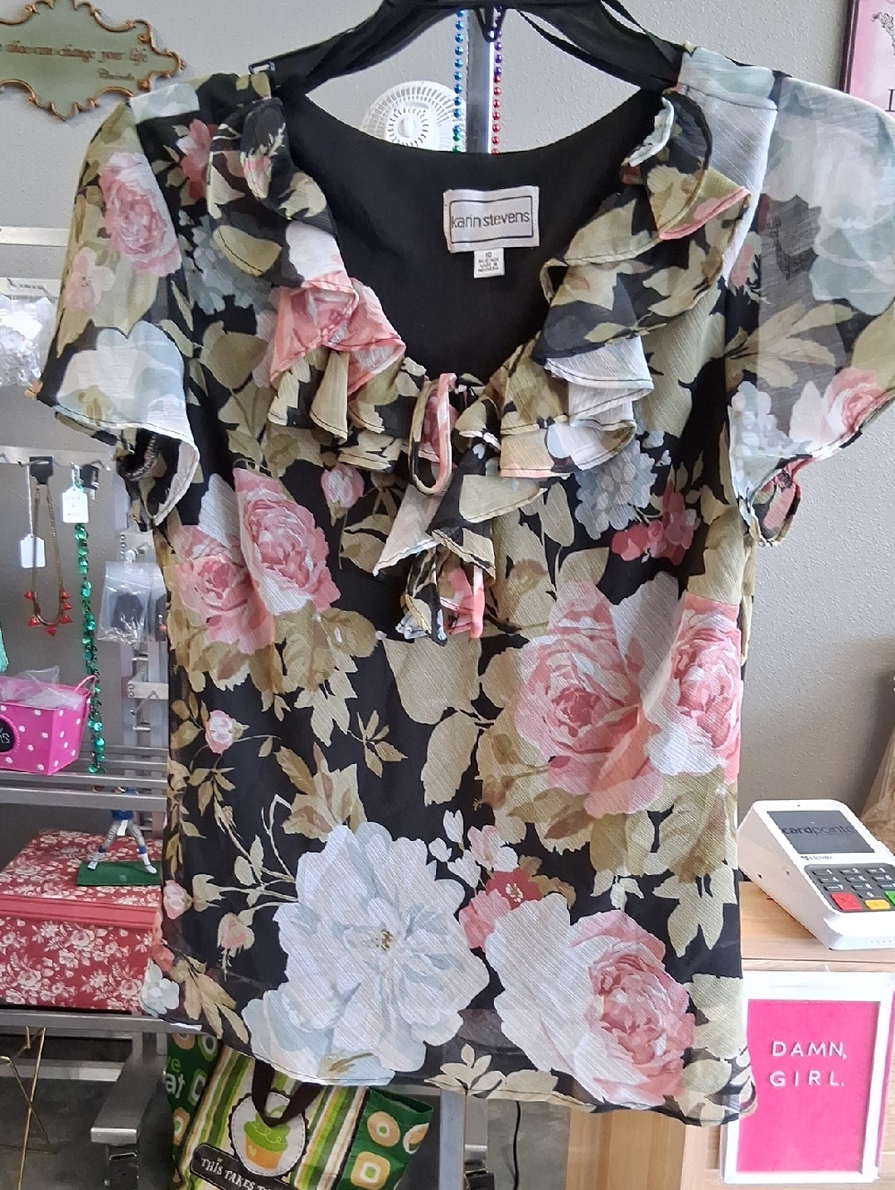 karin stevens Black Floral Ruffle Blouse — Pink, White, Olive